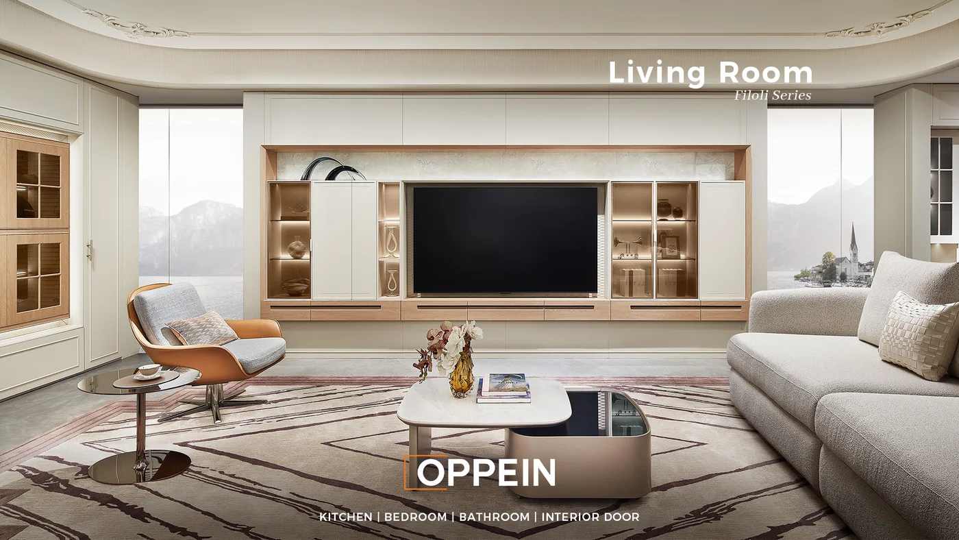 Living room fit-out with bespoke TV wall joinery — OPPEIN UAE